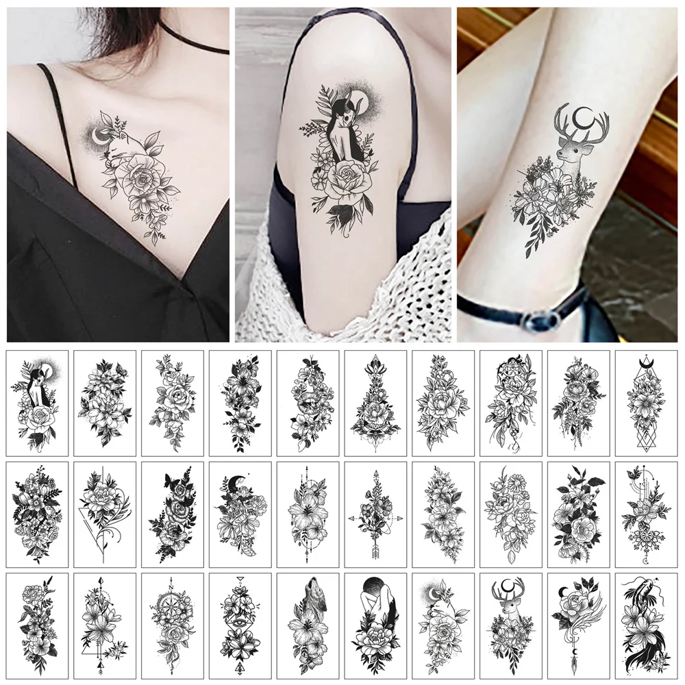 

Waterproof Temporary Tattoo Sticker Black Rose Fake Tatoo Body Hands Arm Leg Art Flowers Tatoo Sleeve for Men Women 30PCS/Set
