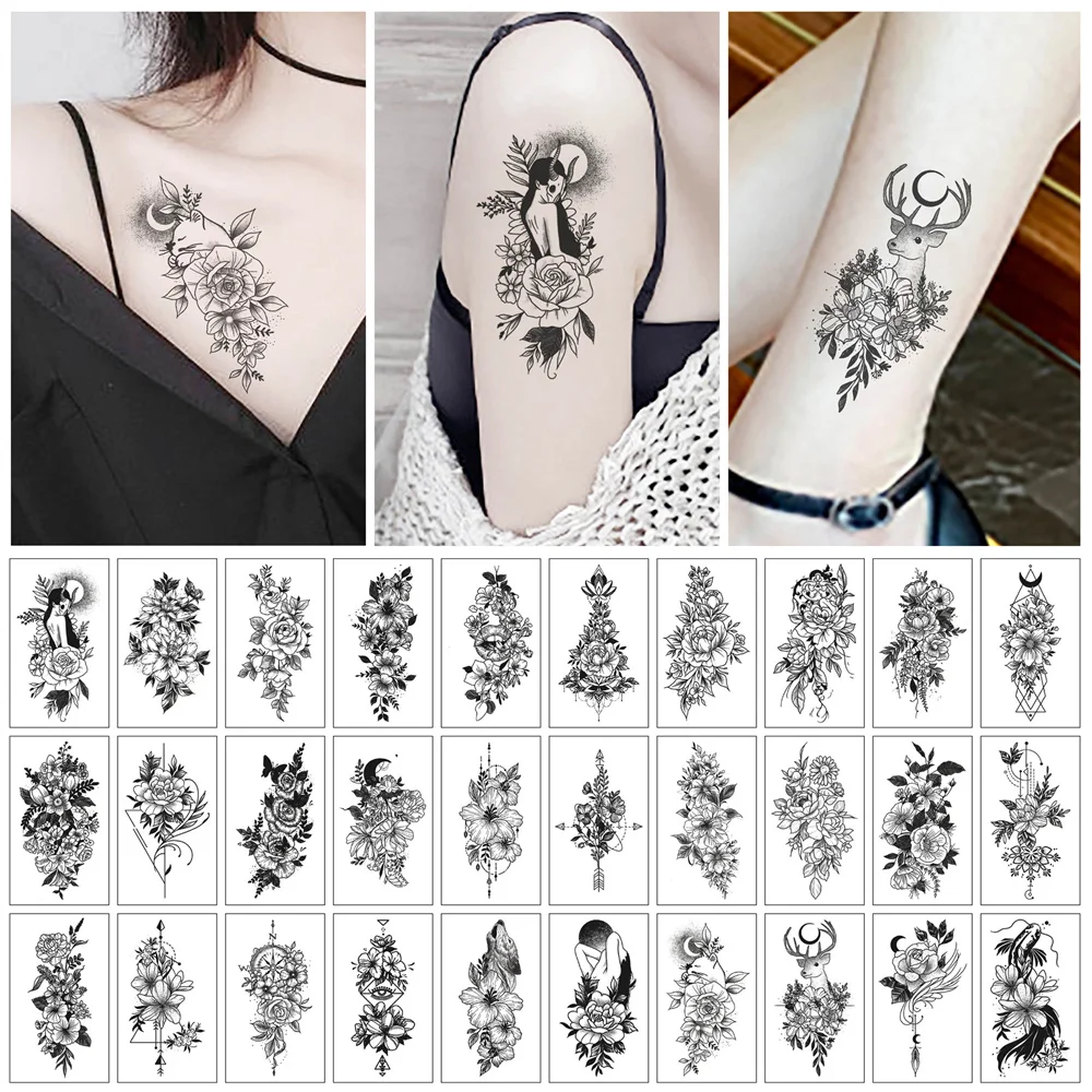 classic black gun ak machine flower tatuajes hand tatouage body waterproof temporary flash fake tattoo sticker small taty 30pcs/set Temporary Tattoo Sticker Women Waterproof Black Rose Fake Tattoo Body Hands Arm Leg Flowers Tatouage Temporaire Femme