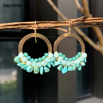 

SAY HELLO Boho Acrylic Beaded Turquoises Dangle Earrings Ethnic Handmade Circle Irregular Geometric Hollow Jewelry Women G0226