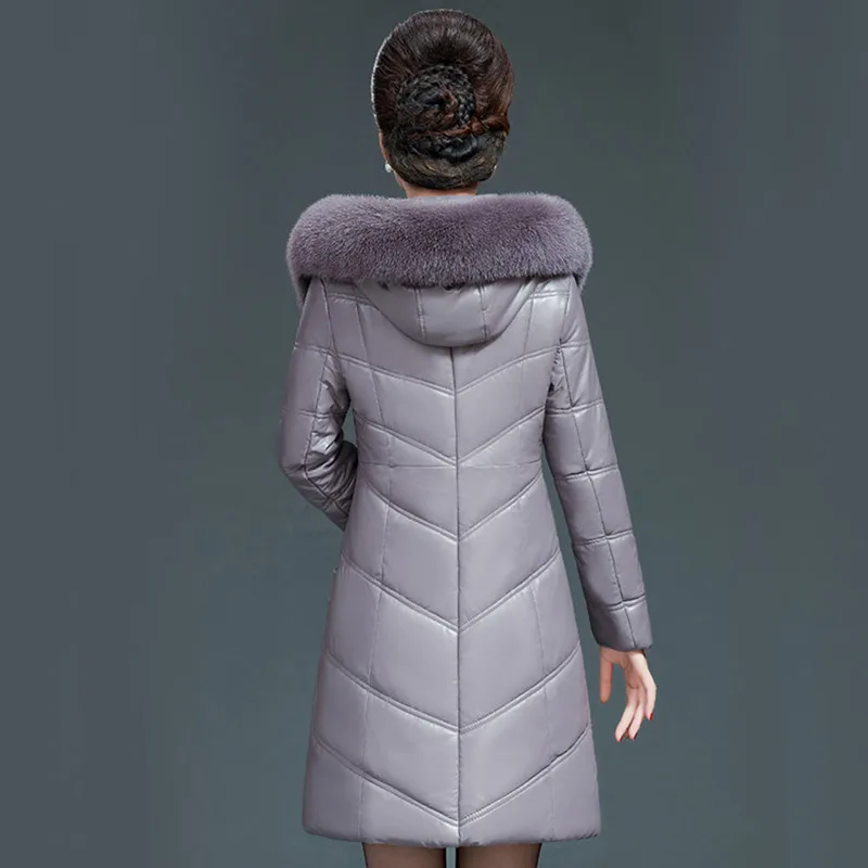 Women Leather Coat Winter 2023 New Fashion Mother Jacket Thicken Warm Long Outerwear Fur Collar Hooded Sheepskin Overcoat Female