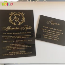 Бесплатный дизайн на заказ форма Золотая фольга текст прием Акриловая Карта, черная акриловая открытка RSVP с золотой фольгой красочная печать