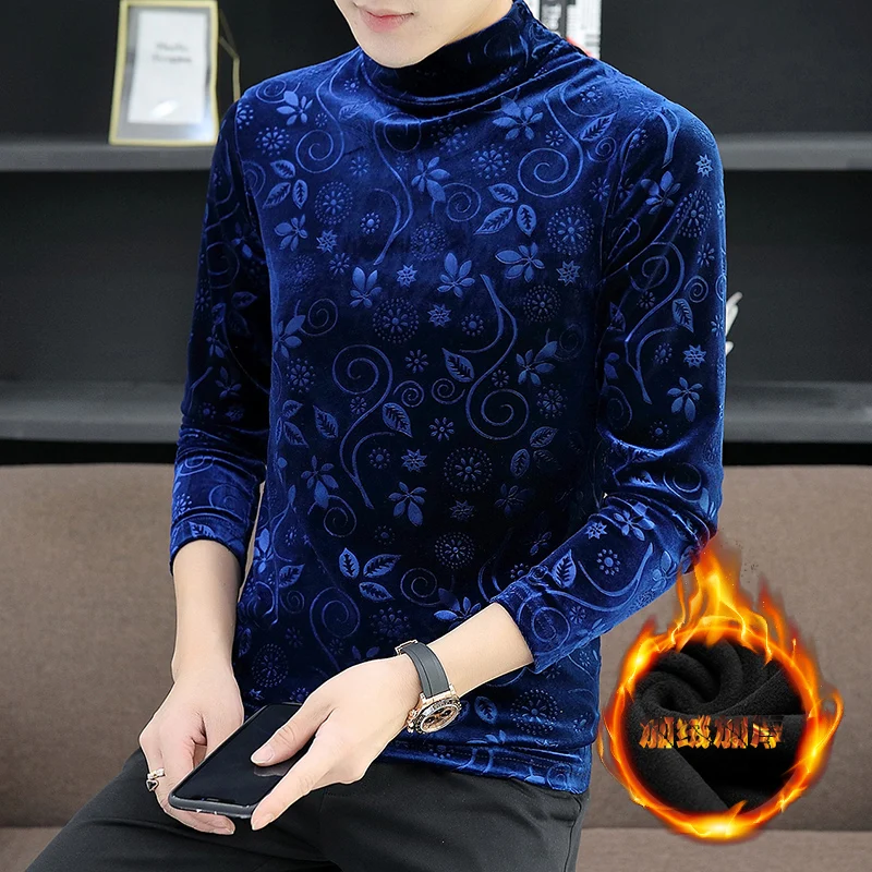 

Royal Blue Velour T Shirts For Mens Luxury Printed Turtleneck Winter Tops Velvet Pullover Warm Brown Bottomed Shirts Slim Fit