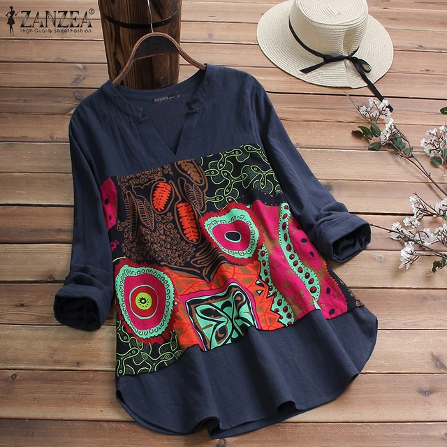 US $11.83 2020 ZANZEA Casual Cotton Blouse Women V Neck Long Sleeve Tunic Tops Autumn Vintage Printed Patchwo