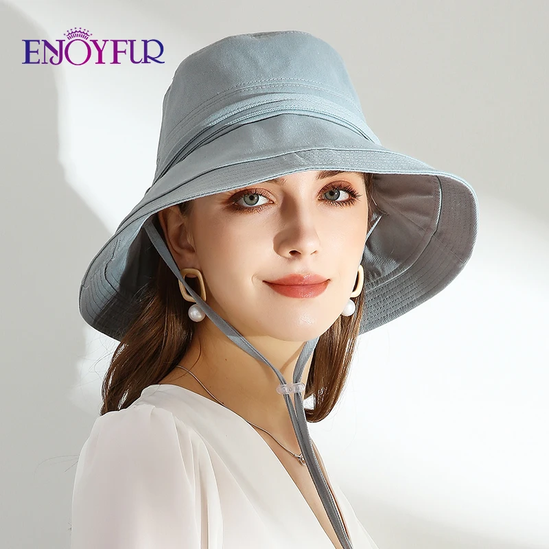 ENJOYFUR Women Cotton Summer Sun Hats Wide Brim Foldable Fashion Beach Hat Adjustable Lace-up UV Sun protection Female Cap New