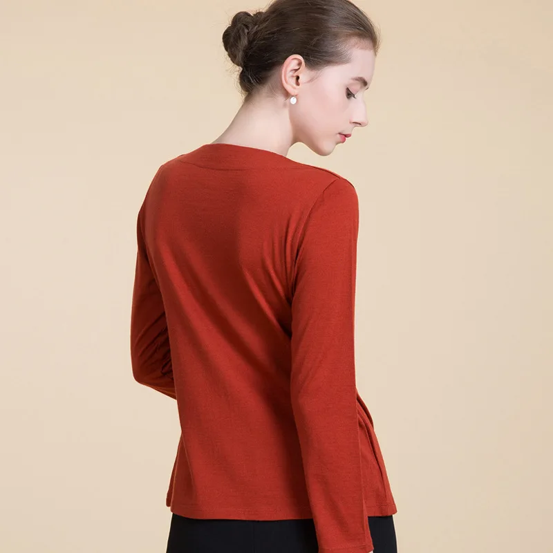 Women's Long Sleeve Top 100% Fine Wool Overlapping