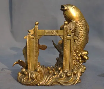 

Christmas 8" old China Feng Shui brass auspicious carp jump Dragon door statue wedding decoration