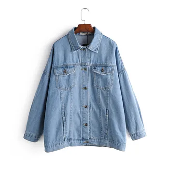 

Vintage Women Jacket New Spring Autumn Oversize Denim Jackets Washed Blue Jeans Coat Turn-down Collar Outwear Casual Female Tops