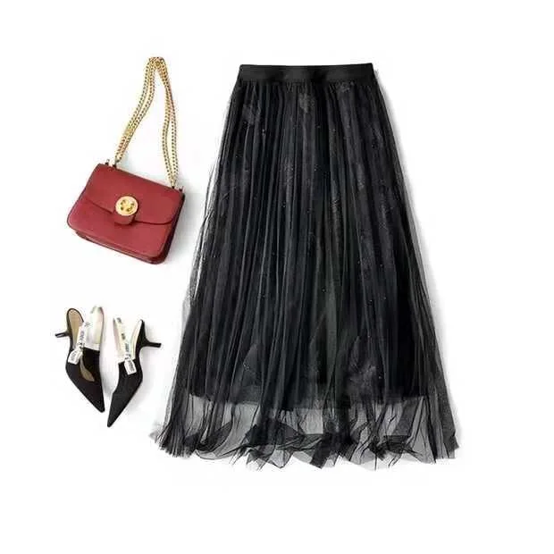 

2019 New Style High-waisted Slimming Feather Embroidery Three Layer Gauze Beads Skirt Korean-style A- line Mid-length Skirt