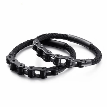 

Hip Hop Bike Chain Charm Bracelets For Men 21cm Stainless Steel Black/Brushed Chain Leather Bracelet Rock Jewelry