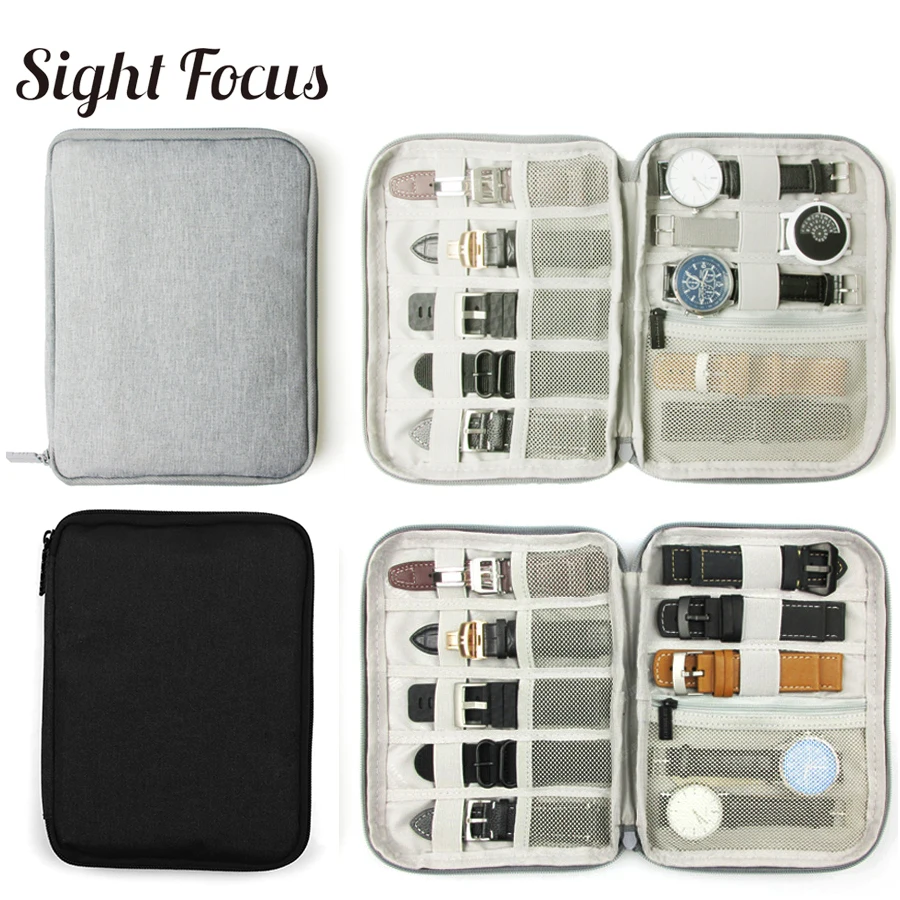 Multifunction Portable Watch Strap Organizer Watch Band Box Storage Bag Watchband Holder Travel Case Pouch Gray Black