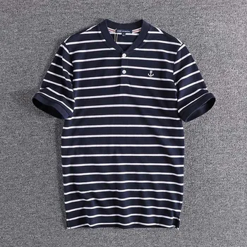 

2020 Men's new American versatile stripe simple short sleeve trend Henry collar T-shirt casual men's high quality top sale 040