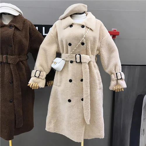 Новое осенне-зимнее пальто средней длины из искусственного кашемира для женщин, приталенное двубортное пальто с длинным рукавом, верхняя одежда - Цвет: Apricot