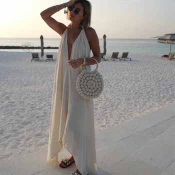 

Sleeveless Halter Deep V-neck Halter Sexy Dress Women's Fashion Casual Elegant Summer Dresses 2019 Beach Dress New Sundress