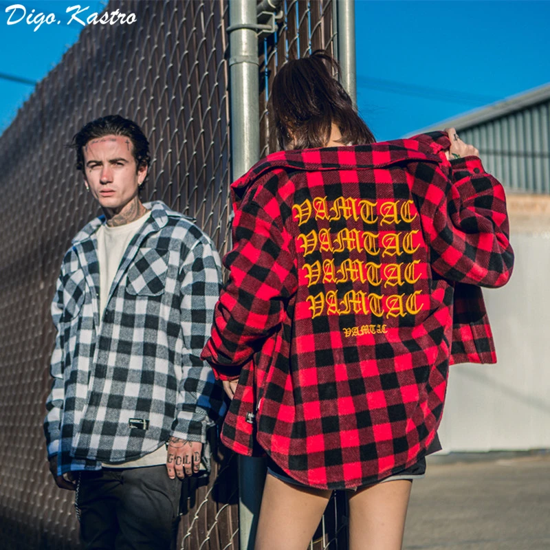 

2019 Original Trend Plaid Shirt Jacket Men / Women Plush Thick Section Hip Hop Embroidery Coat Streetwear Couple Thick Coat
