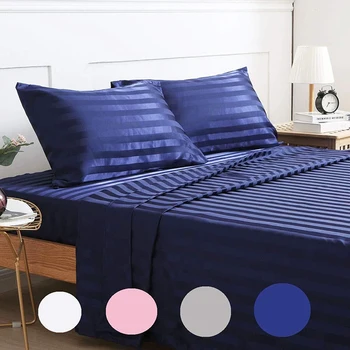 

SUCSES 4Pcs Satin Striped Bed Sheet Set Silk Like Soft Bedding Sheets with 1 Fitted Sheet 1 Flat Sheet and 2 Pillowcases