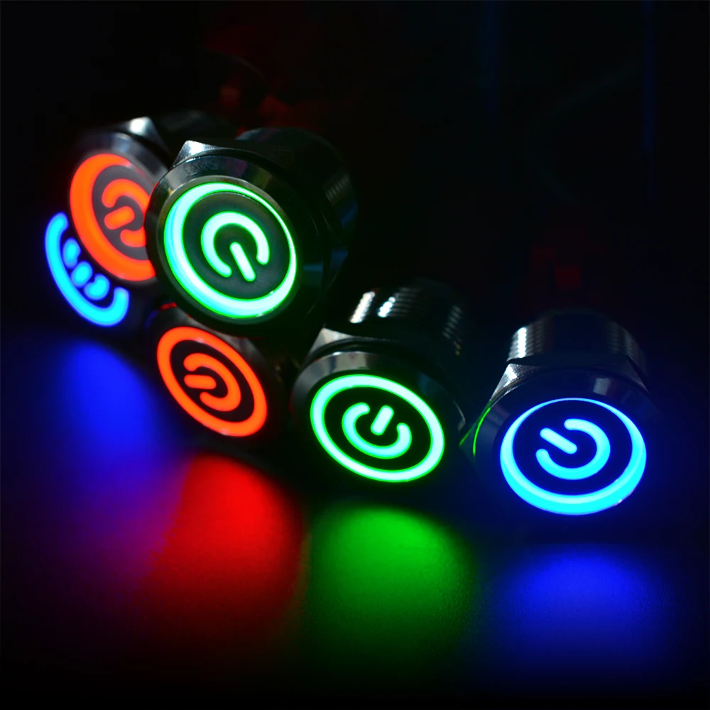 

22mm Metal Push Button Switch Waterproof Flat Circular Button Blue Green Red LED Light Self-lock Button 1NO1NC 250V 5A