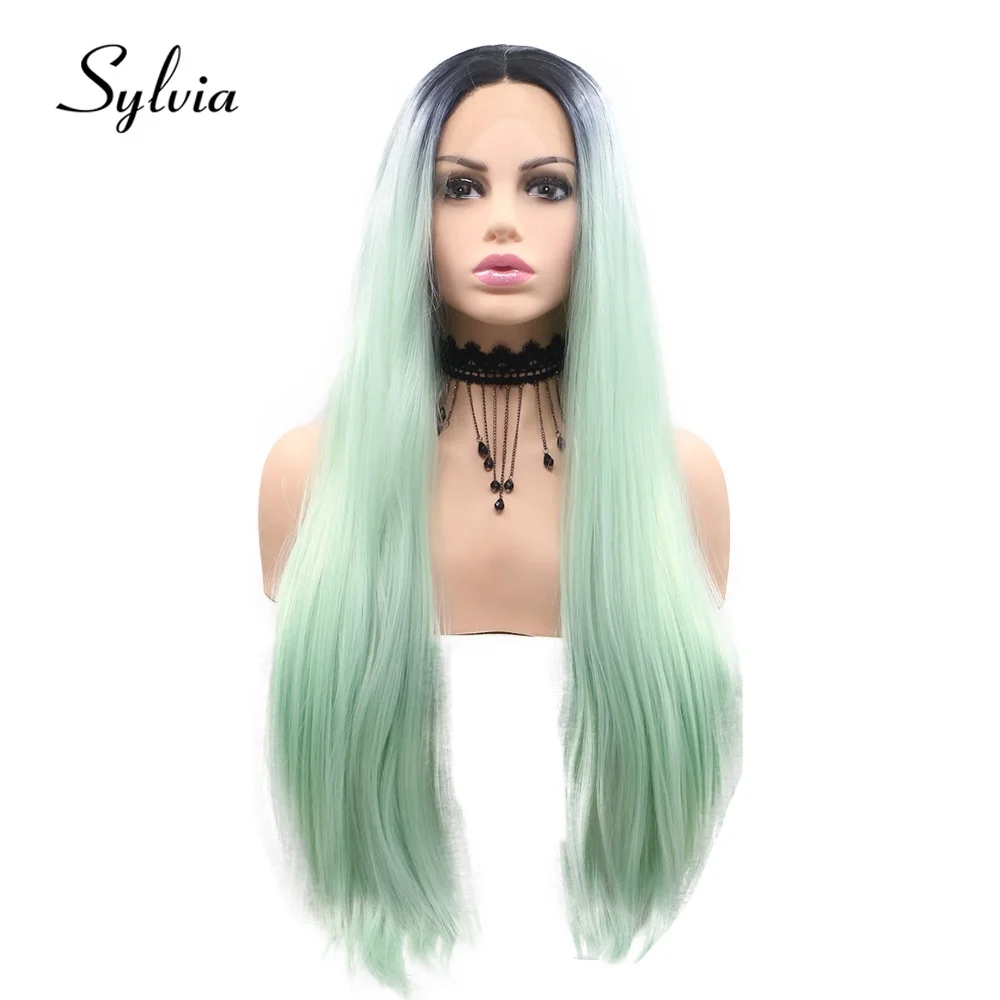 Sylvia Mint Green 2t Ombre Silky Straight Synthetic Lace Front Wigs Dark Roots Long Natural Heat Resistant Fiber Hair for xiaomi 13 pro xinli straight 6d plating gold edge tpu phone case mint green