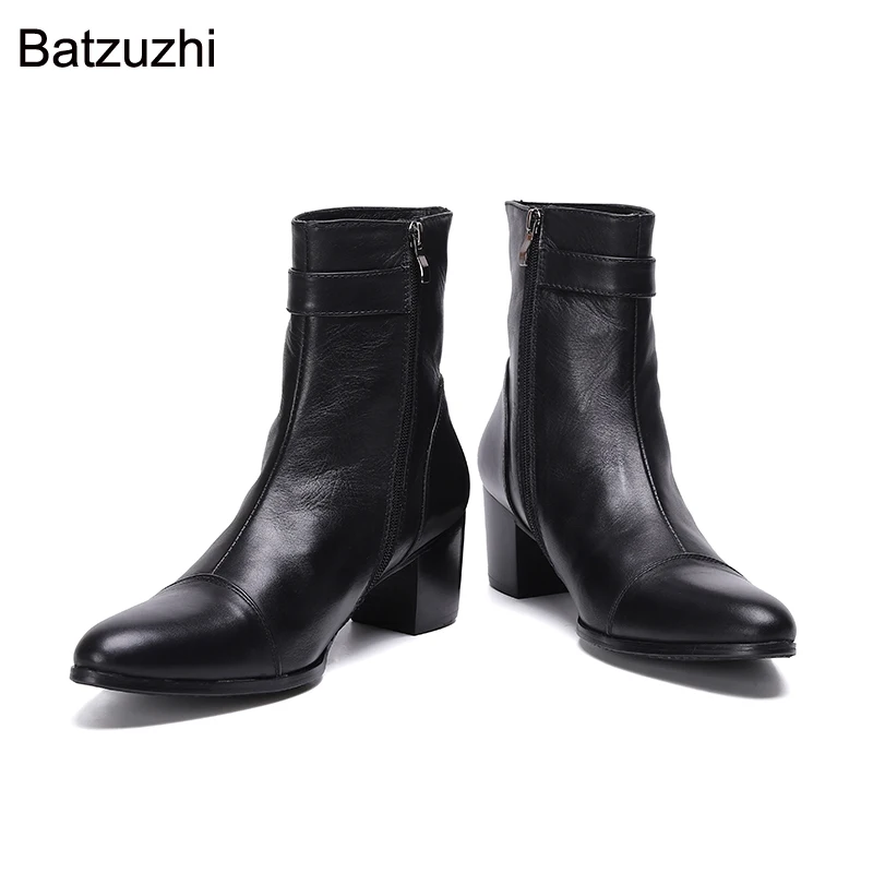 Batzuzhi 2021 Men Boots Pointed Toe Black Genuine Leather Ankle Boots Men Zip 7CM High Heels Handsome Botas Hombre Party/Wedding