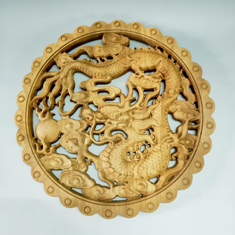 CHINESE HAND CARVED 荷花双鱼 STATUE CAMPHOR WOOD ROUND PLATE WALL SCULPTURE 