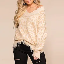 Зимний женский свитер с леопардовым принтом, рваный свитер с v-образным вырезом, вязаный пуловер, джемпер, зимняя одежда для женщин, большие размеры