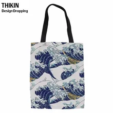 THIKIN женская модная сумка холщовая маленькая волна Hokusai напечатанная дамская сумка через плечо сумка-тоут многоразовая хозяйственная сумка для девочки