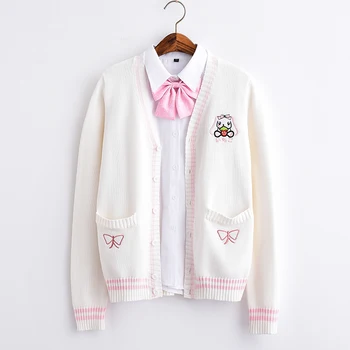 

Japanese Sweet Knit Sweater Rabbit Embroidery JK Uniform Cardigan Young Girl Student Autumn Winter V-Neck Jacket College Style