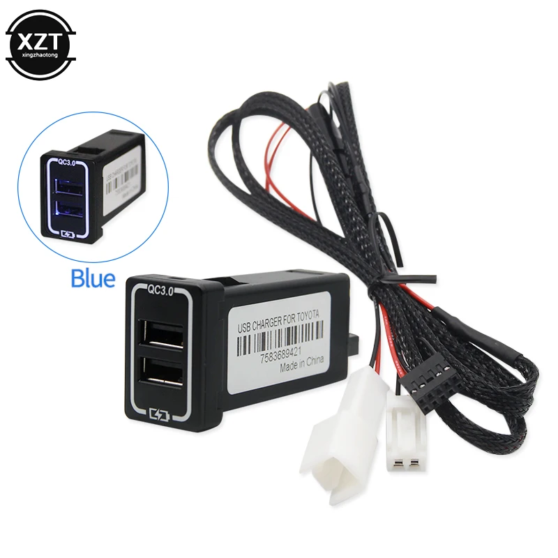 blue QC3.0 Quickcharge автомобильное зарядное устройство двойной USB телефон PDA адаптер DVR Plug& Play кабель для Toyota серии автомобилей - Название цвета: blue