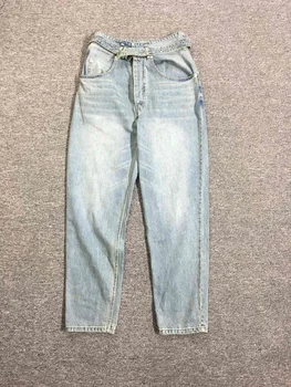 

Women Pants Light Blue High Waist Belt Harem Jeans