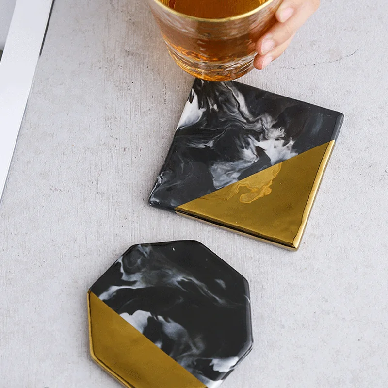 2Pcs Nordic Marble Coaster Ceramic Coasters Black& Gold Non-slip Insulation Mat Round Square Octagon Cup Mat Home Table Decor