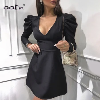 

Elegant Black Puff Sleeve Women Dress Summer Slim V Neck High Waist A-Lin Bodycon Dresses Mini Party Vestidos Fall 2020 Club