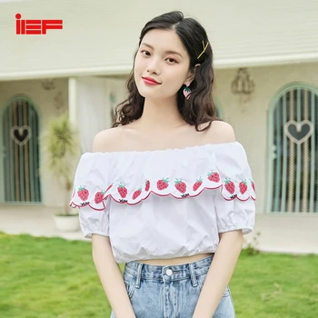 

IEF 2020 Summer Women Print Shirt Fashion Slash Neck Short Sleeve Loose Ruffles Sweet Female Short Tops 1422K-D226-