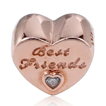 

New 925 Sterling Silver Bead Charm Rose Gold Friendship Love Heart With Crystal Beads Fit Bracelet Bangle Diy Jewelry
