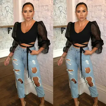 

Women's Lady Sheer Mesh Long Sleeve Puff Sleeve Cropped Top Slim Fit Vest Tee shirt Blouse 2019 New