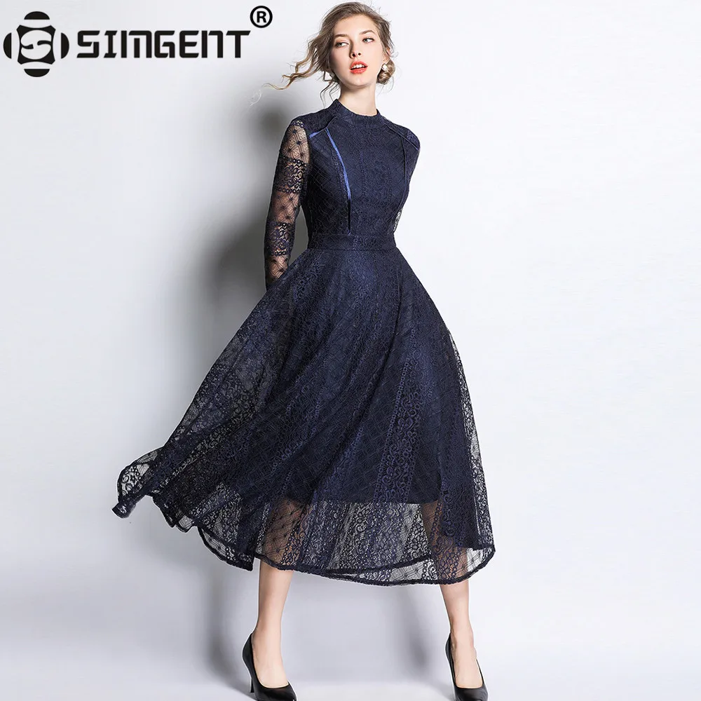 

Simgent New Arrival Autumn Spring Long Sleeve Hollow Out Slim Elegant Dark Blue Women Long Lace Dress Robe Dentelle Jurk SG98262