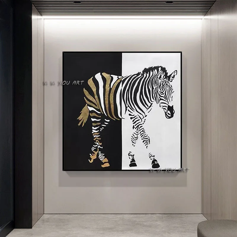 

Modern Hand Painted Creativity Gold White and Black Zebra Fashion Style Canvas Painting Wall Art for Living Room Home Decor