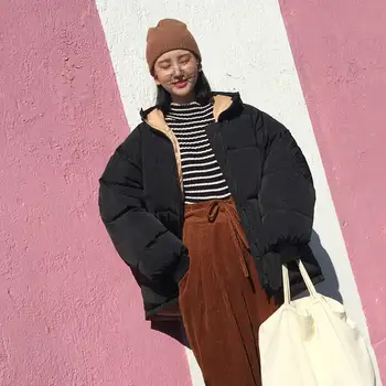 

New Korean Style Warm Jacket Women Hooded Solid Black Gray Female Down Coat Loose Oversized Short Parka Autumn Hoodies Winter