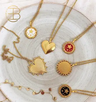 

2020 New Red White Black Enamel Star Pattern Gold Coin Necklace For Women Ladies Heart Pendant Necklaces Jewelry Accessories
