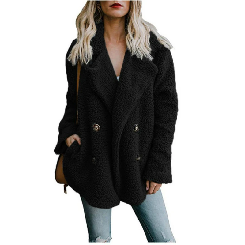 

Fall Winter 2019 Women's Plush Button Lapel Pocket Coat Jacket Woman Clothes Womens Clothing