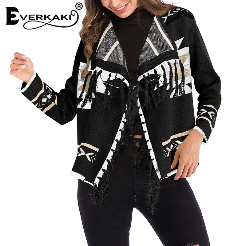 Everkaki Boho с кисточками вязаные кардиганы пальто женские зимние толстые теплые цыганские кардиган в стиле кимоно пальто женские осень зима новые - Цвет: Black