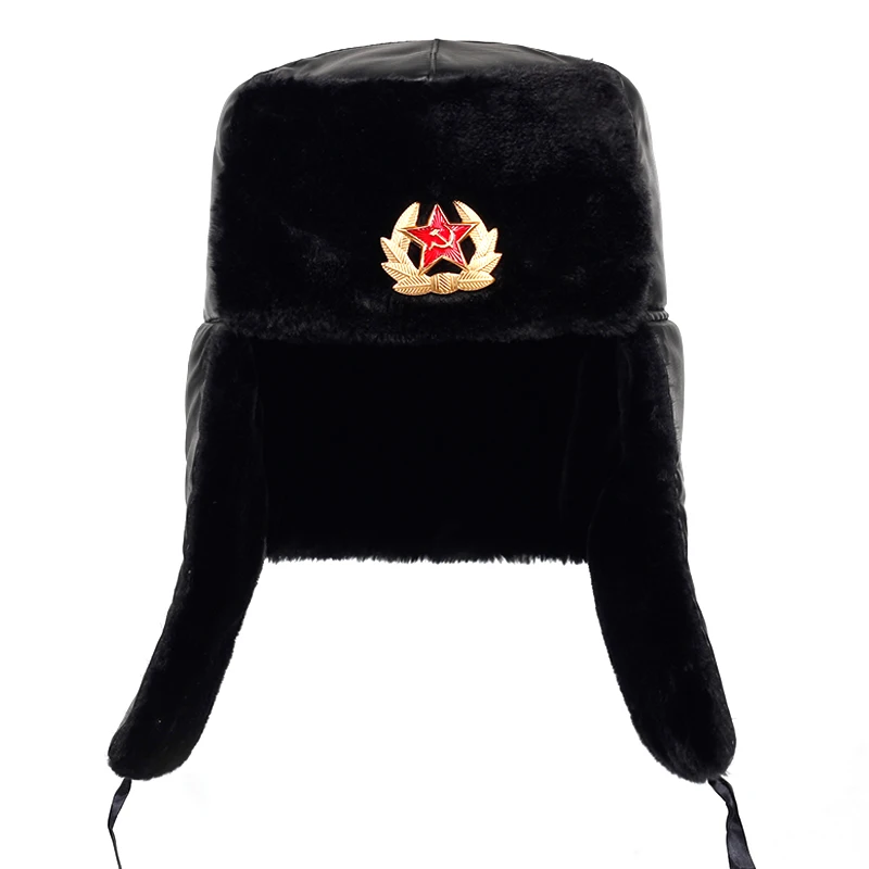 Soviet Army Military Badge Russian Pilot Hat Pilot Catcher Cavalry Hat Winter Artificial Rabbit Fur Earmuffs Men's Snow Hat leather bomber cap