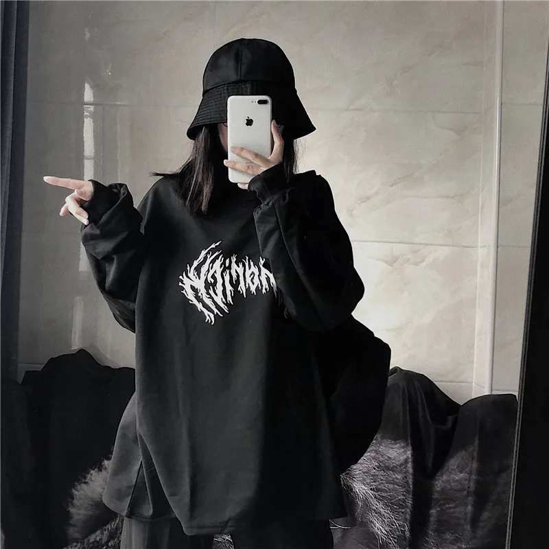 Осень корейский ins Harajuku стиль улица Темный траурный Винтаж Шипы с буквенным принтом свободный свитер с капюшоном WGNVWY55