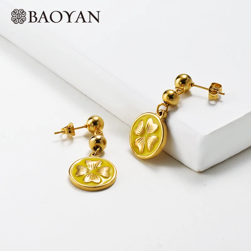 SSEGG142-14573 Baoyan модные эмалированные висячие серьги с золотым покрытием серьги из нержавеющей стали сова Клевер Хамса корона Сердце цветок серьги для женщин - Окраска металла: SSEGG142-14573