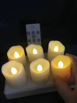 

10set/Lot USB rechargeable wavy edge Remote controled Timer function set of 6 LED Tealight Candle lamp Home Bar decor-Warm white