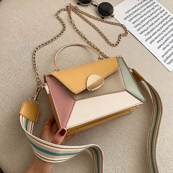 

Contrast Color PU Leather Crossbody Bags For Women 2019 Chain Handbags with Metal Handle Shoulder Messenger Bag Pursed bolso