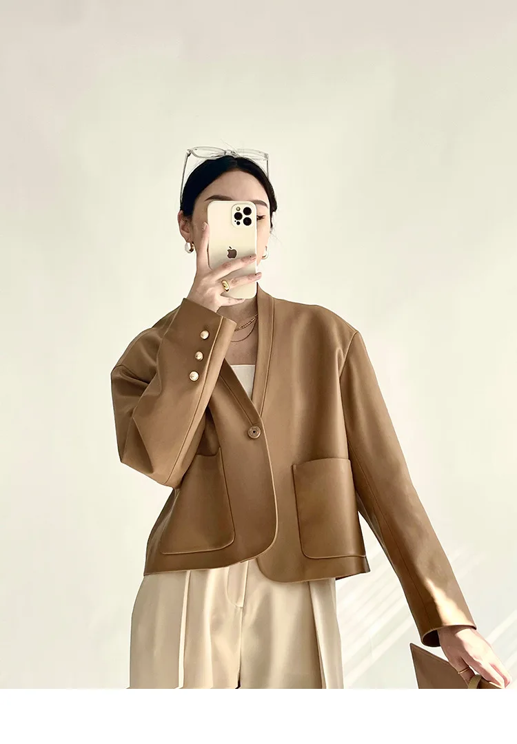new autumn winter leather women sheepskin v-neck jacket retro small suit genuine leather coats natural sheepskin high quality