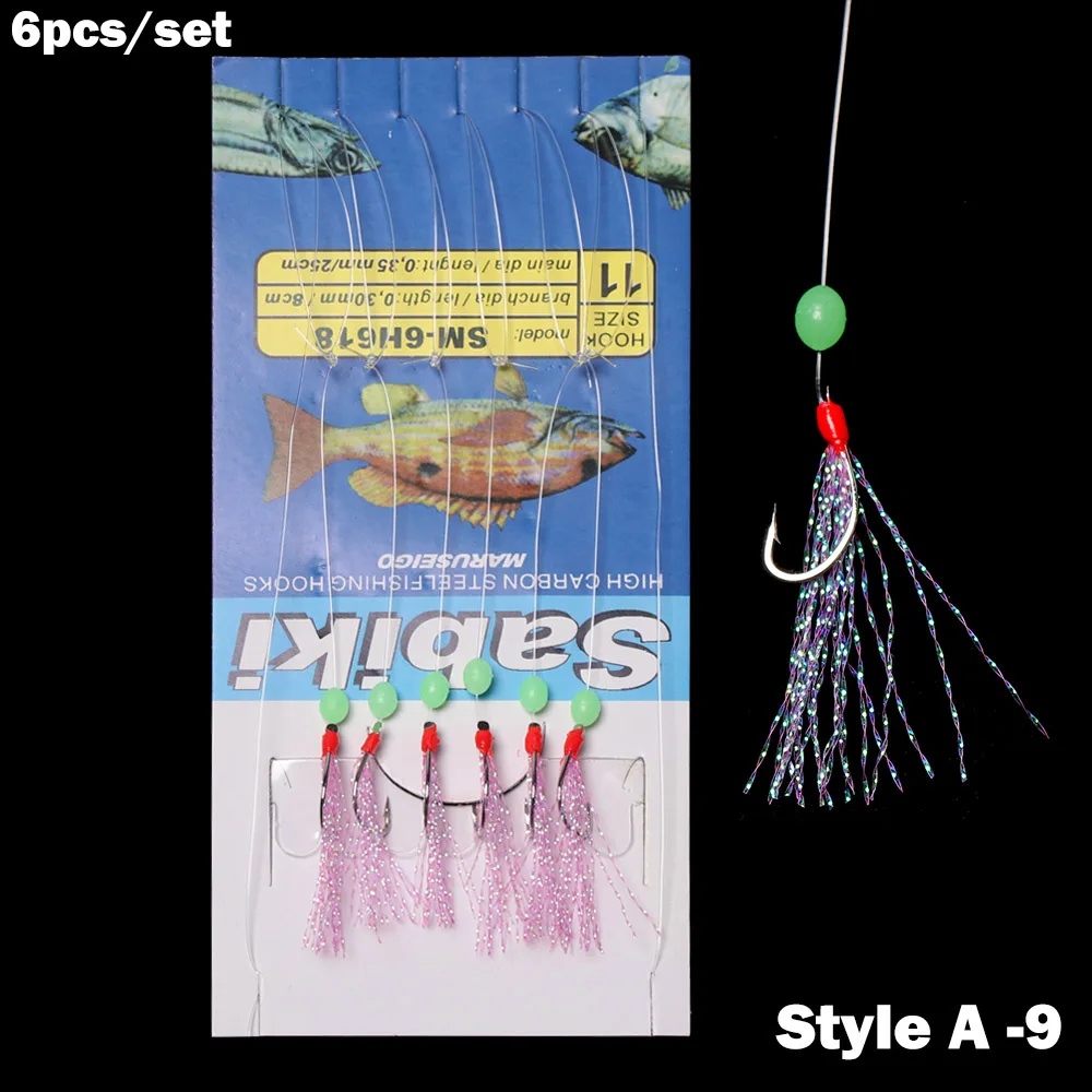 Style A - 9 6 шт./компл. рыболовные крючки для вертлюжная Рыбалка светящаяся позолоченная рыбья кожа рыбий запах песка комбинация рыболовный крючок с 6 маленькими крючками - Цвет: Style A - 9