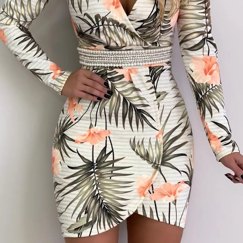 Women Botanical Print Irregular Mini Dress Casual 2019 Autumn V Neck ...