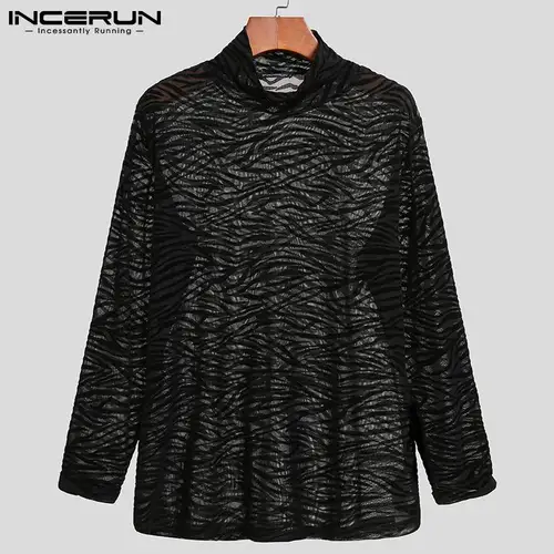 INCERUN-남성 메쉬 티셔츠 터틀넥 긴 소매 시스루 프린트 캐주얼 섹시한 티셔츠, 스트리트웨어 파티 나이트 클럽 캐미 세타 2