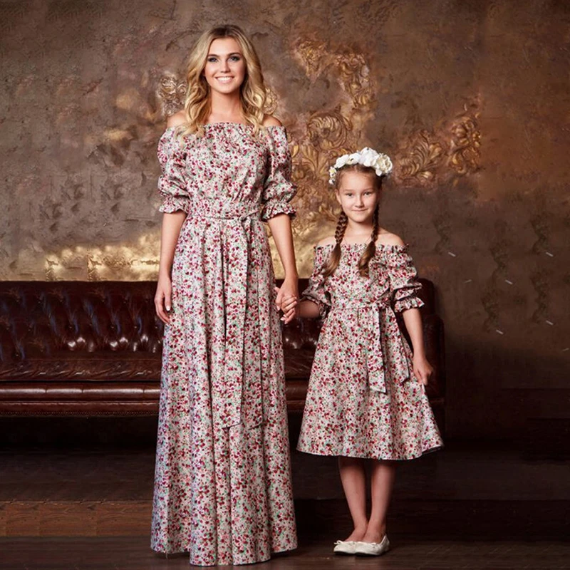 Summer Family Floral Matching Dress Outfit Mother and Daughter Girl Flower Half Sleeves Dress Cute Princess Clothes Family Look