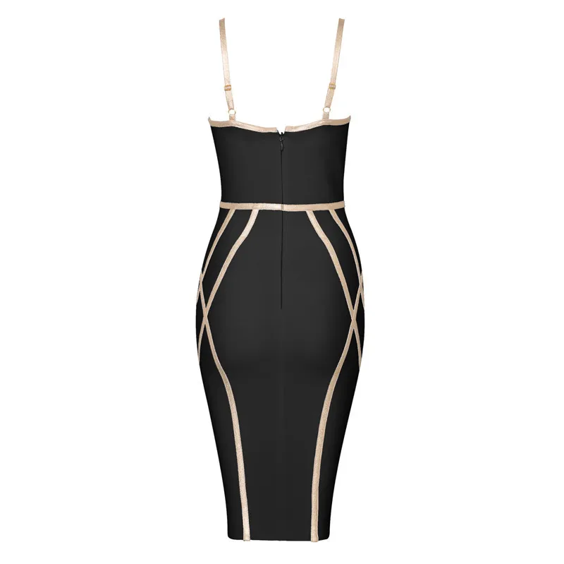 High Quality Strap Bodycon Striped Knee Length Women Bandage Dress Evening Party Dress